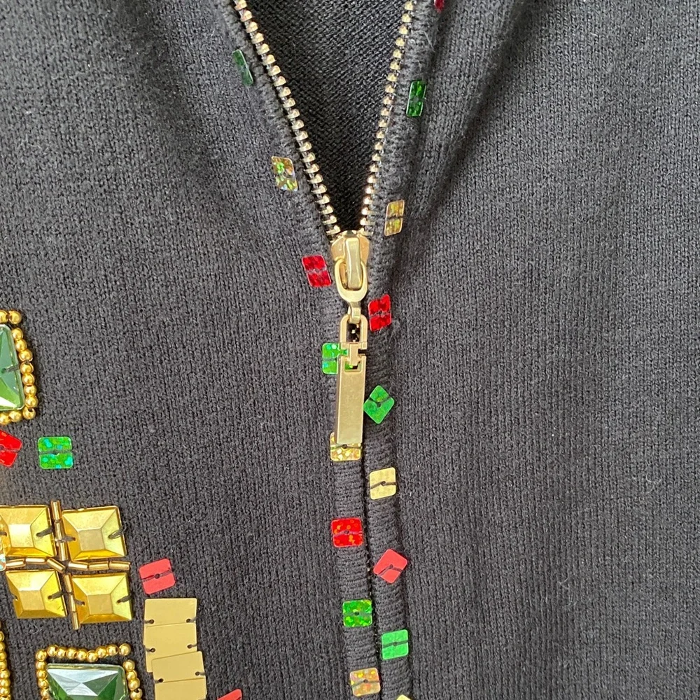 Festive Black Cardigan with Gold and Red Accents - Picture 6 of 8